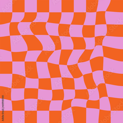 Groovy checkerboard pattern background. Psychedelic abstract art in 1970s retro style for print on textile or wrapping paper, web design and social media. Pink and red colors