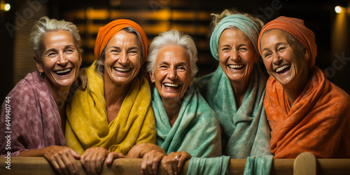 Joyful mature women in towels applying facial masks, cherishing togetherness in a rustic sauna with wooden background.