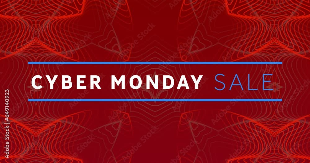 Animation of cyber monday sale text banner against seamless kaleidoscopic pattern on red background Animation of cyber monday sale text banner against seamless kaleidoscopic pattern on red background