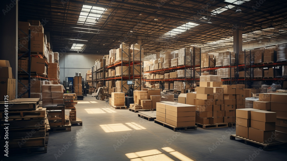 Warehouse full of shelves with goods in cardboard boxes and packages. Warehouse full of shelves with goods in cardboard boxes and packages.
