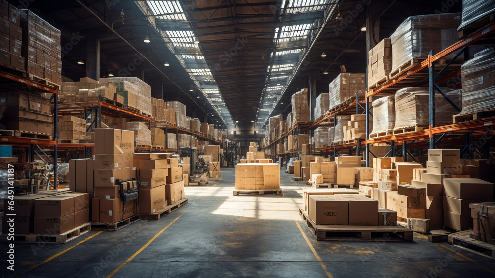 Warehouse full of shelves with goods in cardboard boxes and packages. Warehouse full of shelves with goods in cardboard boxes and packages.