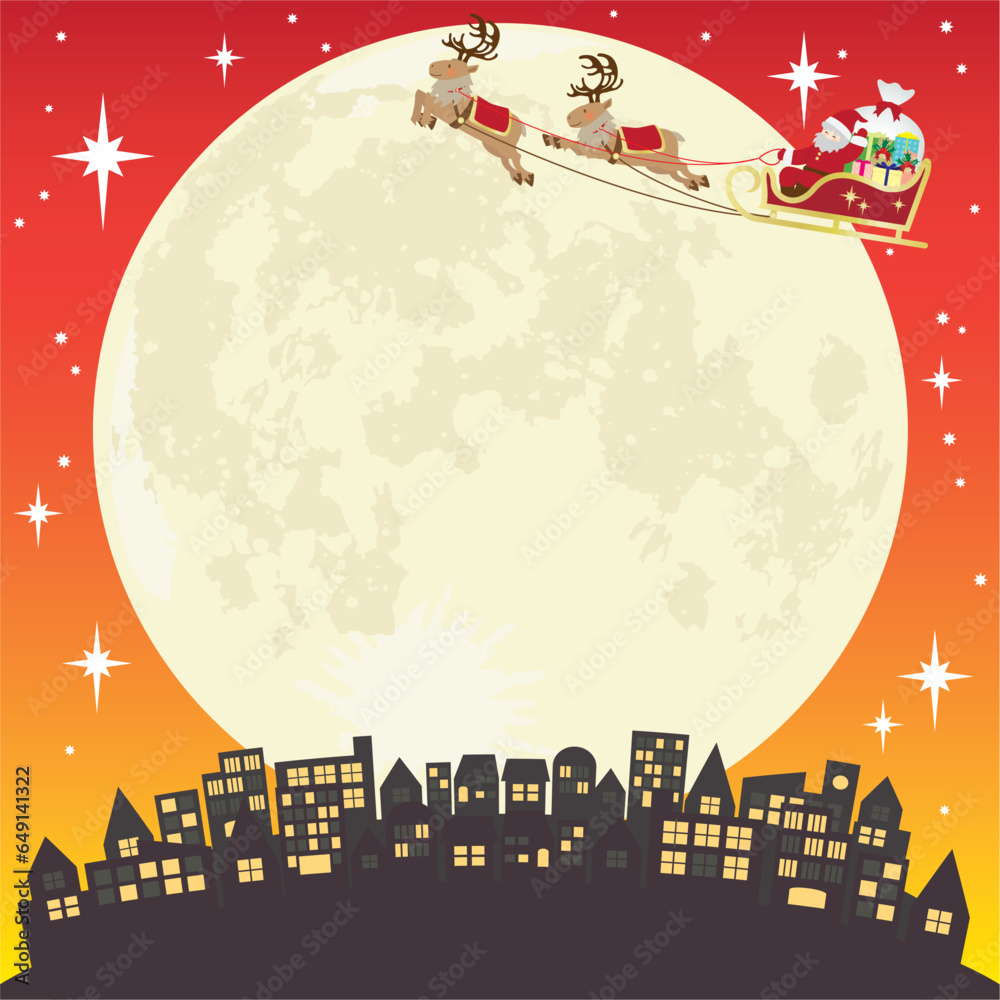 Naklejka premium クリスマスの夜に星空の中をトナカイのソリで飛ぶサンタクロースのベクターイラスト