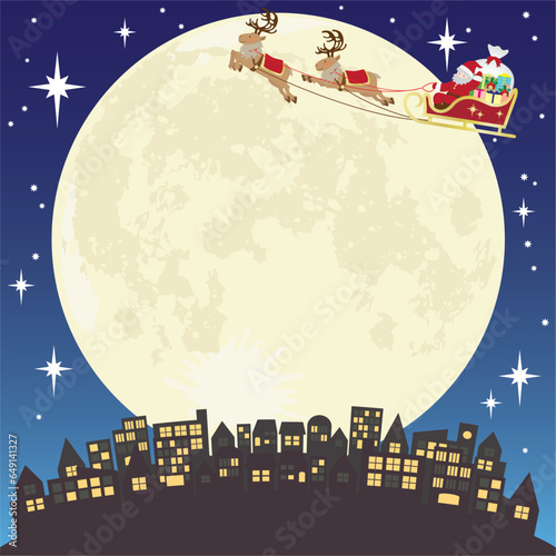 クリスマスの夜に星空の中をトナカイのソリで飛ぶサンタクロースのベクターイラスト