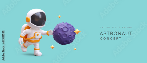 3D astronaut touches purple moon. Astronaut concept. Space exploration. New technologies. Horizontal banner with text. Advertising template for social networks