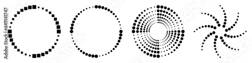 Abstract symbols collection, circular geometric dotted shapes ornaments, frames isolated on white background. Halftone frames, symbols. Vector monochrome illustration.