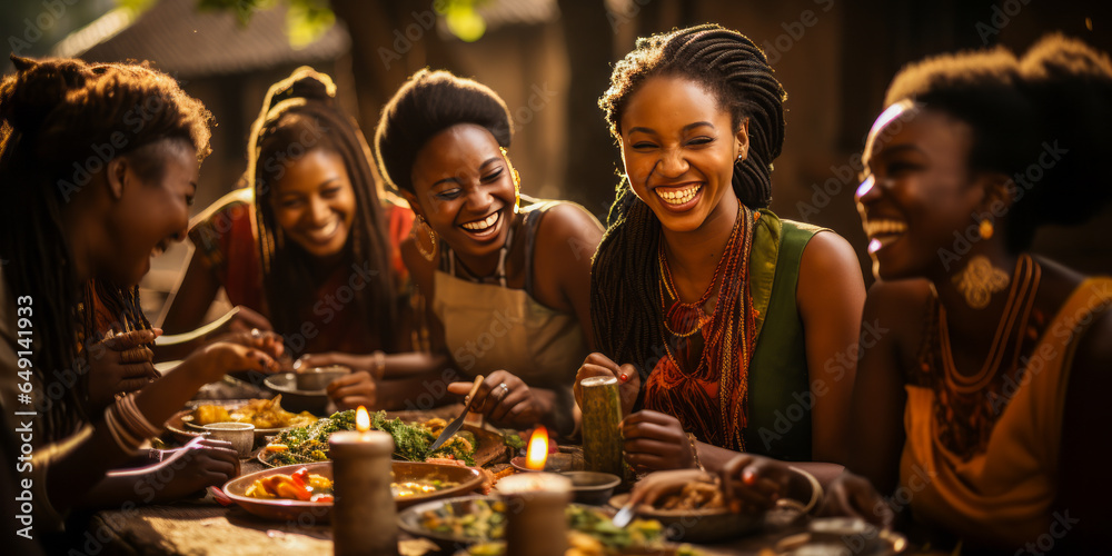 Radiant multicultural women in traditional attire, elegantly capturing authenticity and sisterhood over a shared outdoor meal, embodying joyfulness and unity. Radiant multicultural women in traditional attire, elegantly capturing authenticity and sisterhood over a shared outdoor meal, embodying joyfulness and unity.