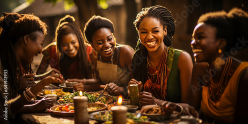 Radiant multicultural women in traditional attire  elegantly capturing authenticity and sisterhood over a shared outdoor meal  embodying joyfulness and unity.