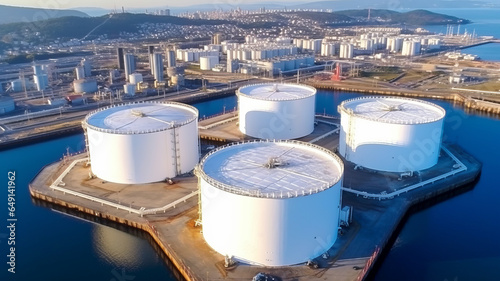 Aerial view oil terminal storage tank, White oil tank storage chemical petroleum.generative ai