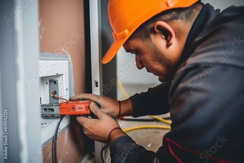 Close up of professional electrician worker with screwdriver is repairing power socket in kitchen photo