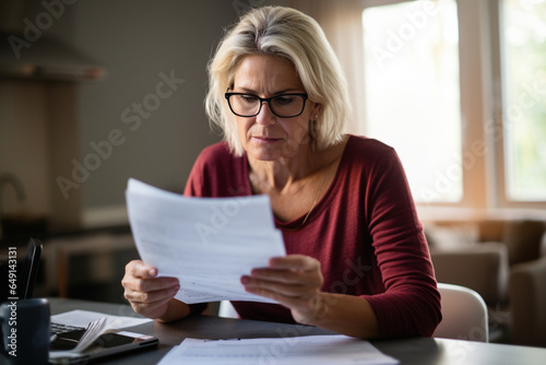 Close up of a mid adult woman checking her energy bills at home, sitting in her living room, She has a worried expression