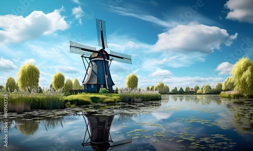 windmill in a beautiful flower garden, ai generative photo