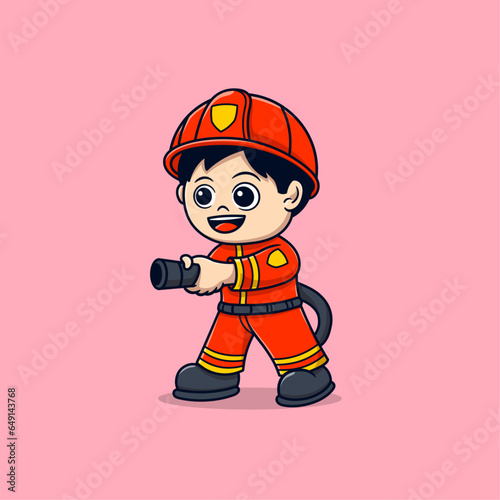 cute man firefighter preparing to extinguish the fire with a water hose