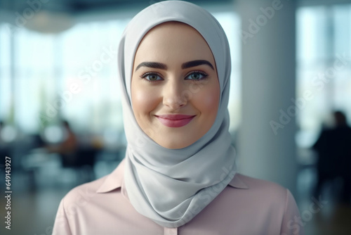 Close-up Portrait of Muslim Businesswoman Wearing Hijab Looks at Camera and Smiles, Beautiful Woman Wearing Traditional Headscarf, Successful Empowered Arab Woman © alisaaa