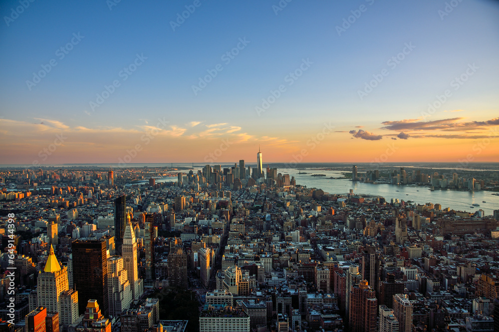
View of New York City Skyline from the Empire State Building at Dusk, with the One World Trade Center Building in the Background

