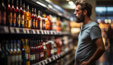 young man in bright colorful supermarket by the wine section holding a bottle of wine.