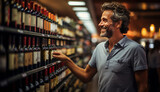 young man in bright colorful supermarket by the wine section holding a bottle of wine.