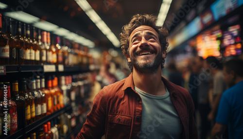 young man in bright colorful supermarket by the wine section holding a bottle of wine. photo