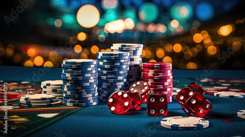 Poker chips and dice on the table with light exposure AI Generative