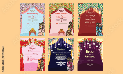 Indian Floral Wedding Invitation Card Like as Haldi, Mehndi, Sangeet, Pheras and Reception Ceremony Template.