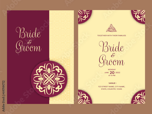 Yellow and Pink Color Islamic Wedding Invitation Cards with Arabic Calligraphy Text.