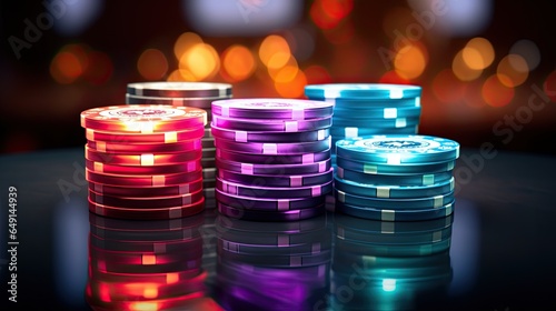 Poker chips and dice on the table with light exposure AI Generative