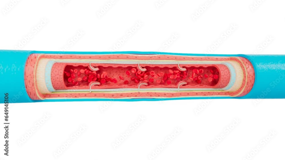 Red blood cells flow inside an Artery, vein. you can see Veinlayers and