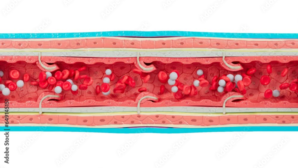 Red and white blood cells flow inside an Artery, vein. you can see vein