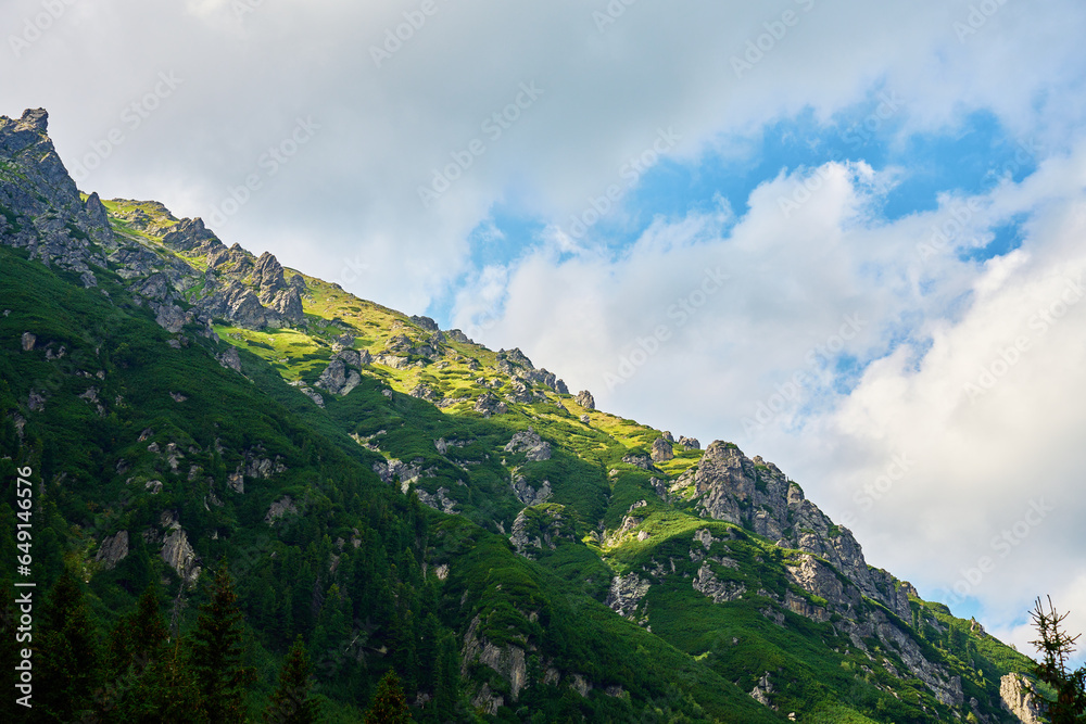 Mountains covered with green forest agains blue cloudy sky. Natural landscape
