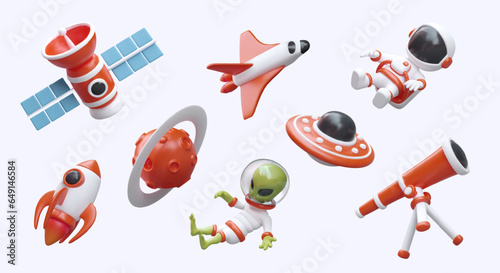 Set of realistic space objects in cartoon style. Color spaceship and rocket, UFO, satellite and telescope, planet, astronaut, alien. Cute illustrations for application, website, game