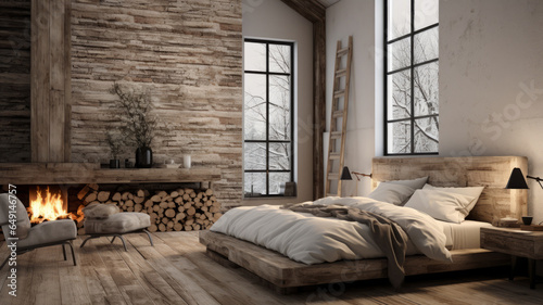photograph of Rustic interior design of modern bedroom. Created wide angle lens daylight white generative ai