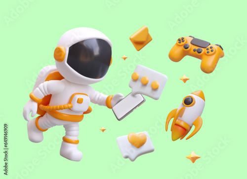 Concept of phone applications. 3D astronaut communicates in messenger from smartphone. Games, email, liking posts. Communication in social networks. Digital market advertising