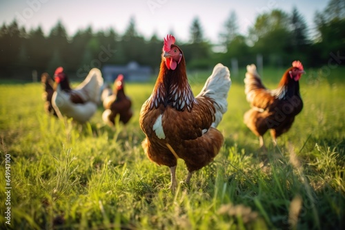 Enjoyable photo of free range chickens in the pasture. © BOONJUNG
