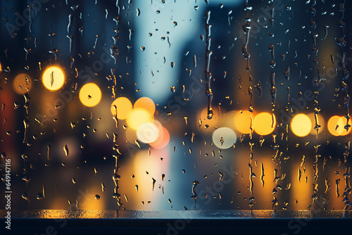 Generative AI Image of Blurred Effect from Window During Rain with Bokeh Lights Background at Night