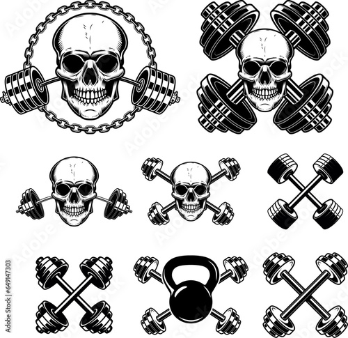 Skull with crossed gym barbells. Gym consept. Design element for logo, label, sign, poster.