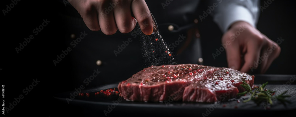 Chef hands cooking meat steak and adding seasoning in a freeze motion ...
