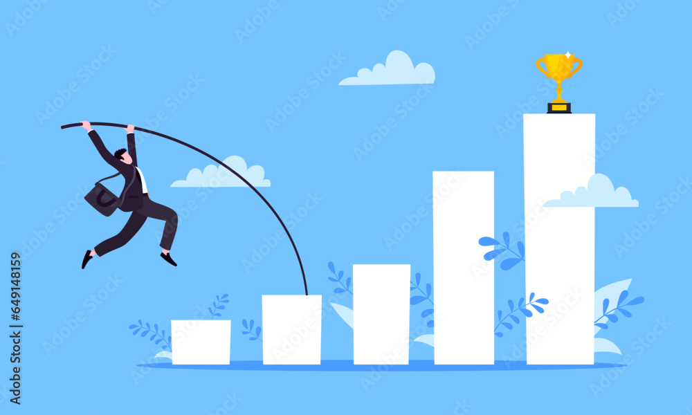 Businessman jumps pole vault over graph bars flat style design vector illustration business concept. Business growth and goal achievement concept.