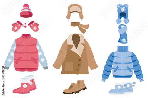 Warm winter clothes mega set elements in flat design. Bundle of different coat and jackets with snowflake ornament, mittens, hats and scarves, boots. Vector illustration isolated graphic objects