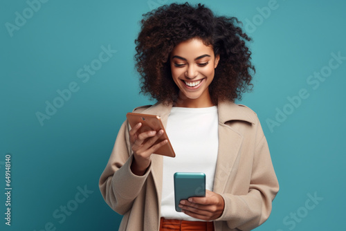 Cheerful woman with shopping bags using mobile phone, Joyful multiracial lady holding purchases and smiling while reading message on smartphone, Isolated on blue background