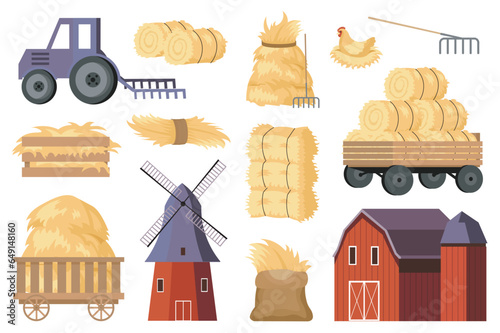 Hay bales at farm mega set elements in flat design. Bundle of tractor, barn, windmill, wheelbarrows and crate, straw in rolls, heaps and stacks of hay. Vector illustration isolated graphic objects
