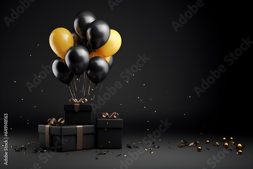 balloons and black gift boxes copy space black friday concept, ai generative