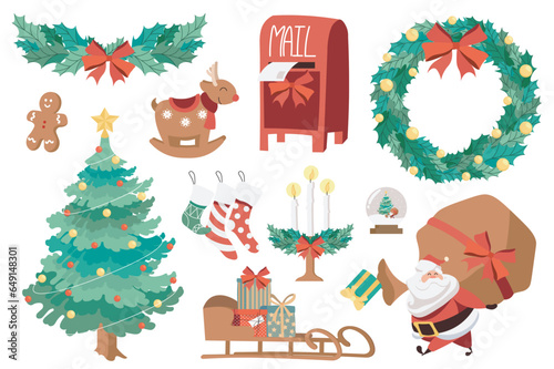 New Year mega set elements in flat design. Bundle of festive fir tree, holly wreath with bows, cookie, reindeer, mailbox, garland, Santa Clause with gifts. Vector illustration isolated graphic objects