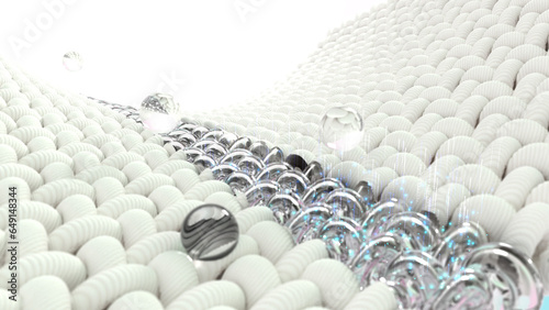 Shows fabric fibers and small particles in 3D rendering.

