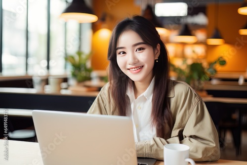 Portrait of Happy Asian Female Student Learning Online in Coffee Shop, Young Woman Studies with Laptop in Cafe, Doing Homework