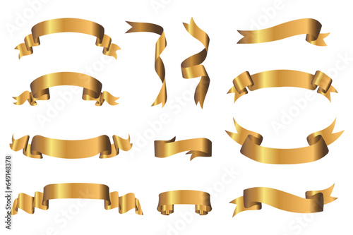 Gold ribbons mega set elements in flat design. Bundle of decorative shiny golden ribbons with empty space, swirling and scrolling holiday greeting banners. Vector illustration isolated graphic objects