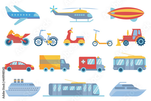 Transport mega set elements in flat design. Bundle of airplane, helicopter, airship, motorcycle, bike, kick scooter, tractor, car, truck, ships and other. Vector illustration isolated graphic objects