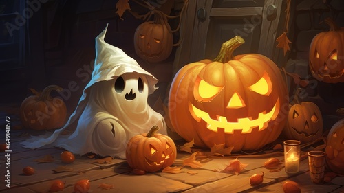 creepy pumpkin and cute ghost decorations. halloween party border. halloween concept background © StraSyP