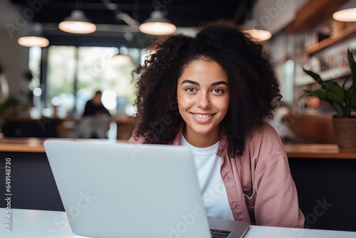 Portrait of Beautiful Black Female Student Learning Online in Coffee Shop, Young African American Woman Studies with Laptop in Cafe, Doing Homework