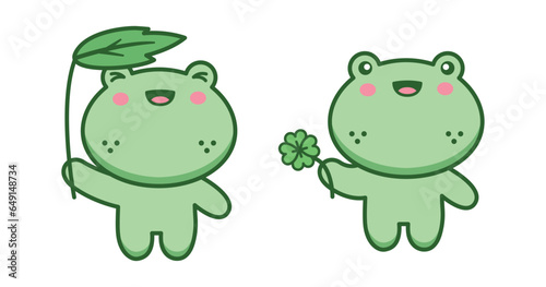 Cute Kawaii Frog, Froggy, Amfibian with luck four leaf and umbrella leaf