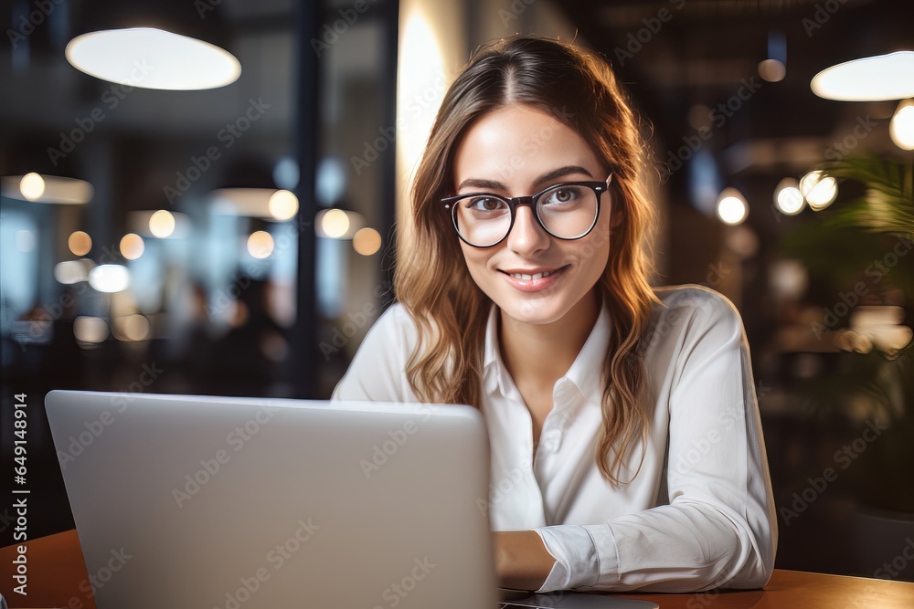 Portrait of Beautiful European Female Student Learning Online in Coffee Shop, Young Woman Studies with Laptop in Cafe, Doing Homework Portrait of Beautiful European Female Student Learning Online in Coffee Shop, Young Woman Studies with Laptop in Cafe, Doing Homework