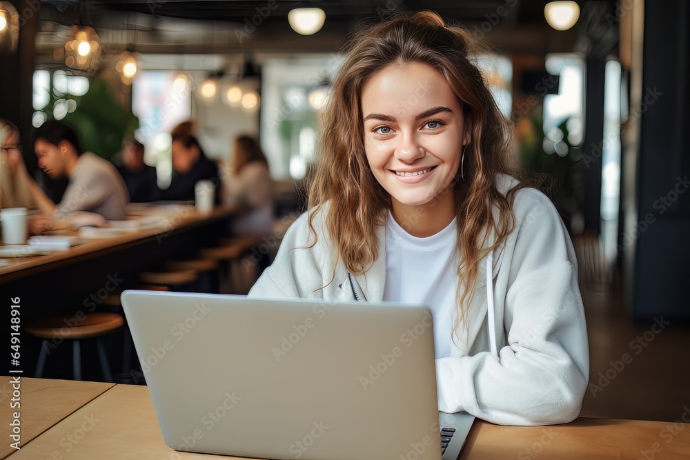 Portrait of Beautiful European Female Student Learning Online in Coffee Shop, Young Woman Studies with Laptop in Cafe, Doing Homework - obrazy, fototapety, plakaty 